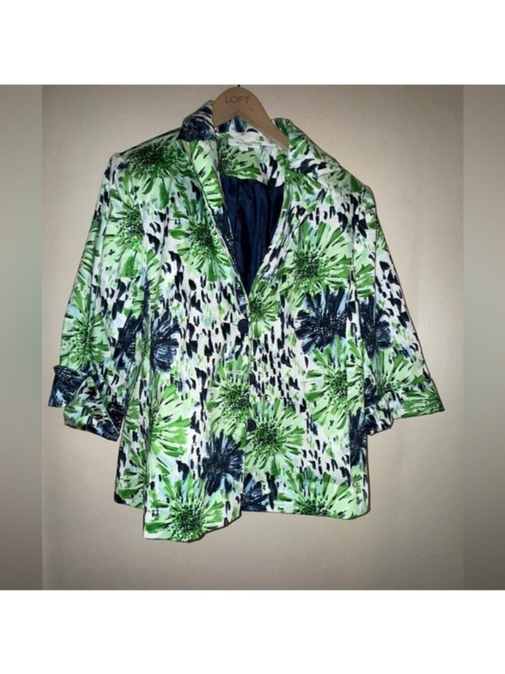Dressbarn Woman Green & Navy Floral Blazer Jacket Size 14/16 Cotton Blend